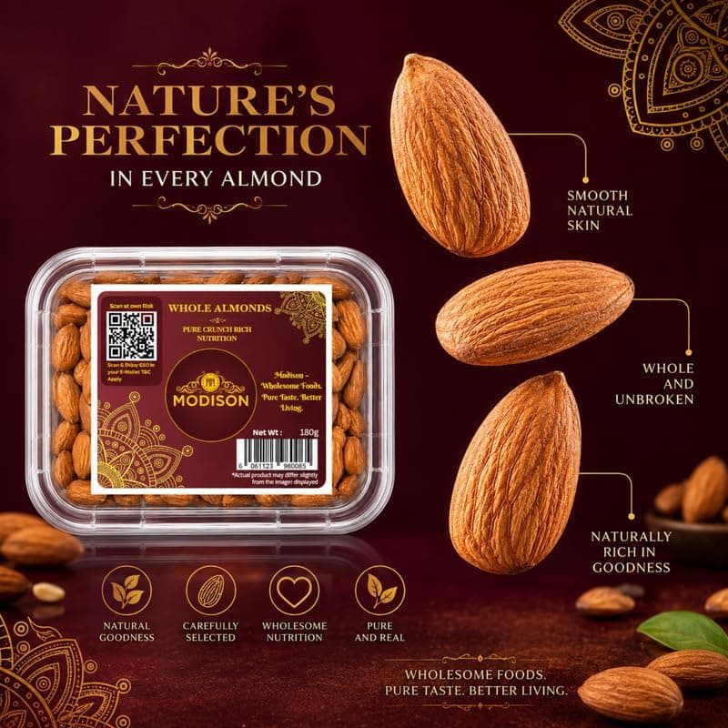 MODISON Whole Almonds Indian Dry Fruit California Badam 180g by Modison, view 2