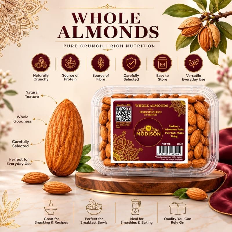 MODISON Whole Almonds Indian Dry Fruit California Badam 180g by Modison, view 3