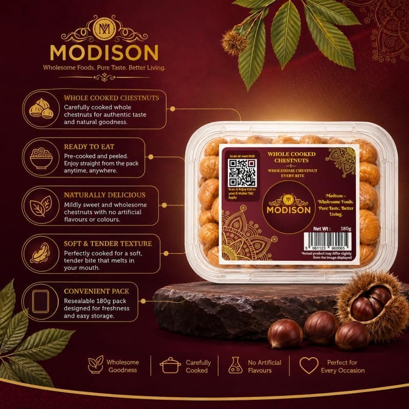 MODISON Whole Cooked Chestnuts Ready To Eat Indian Snacks 180g by Modison, view 3
