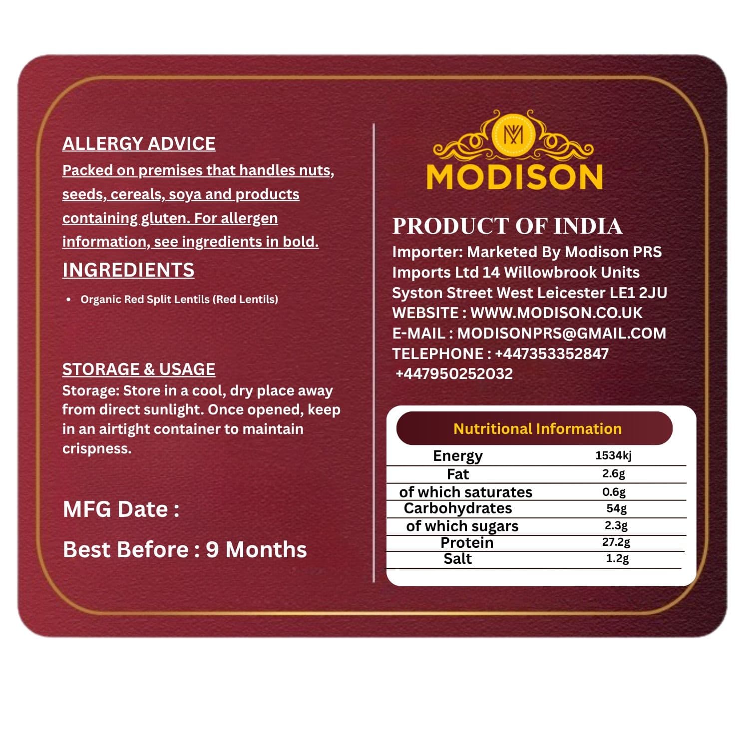 Red Split Lentils 5KG by Modison, view 9